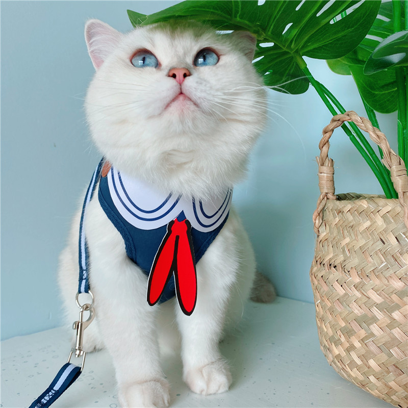 可爱幼稚园猫咪牵引绳水手服狗狗胸背带背心式水冰月宠物绳子溜猫
