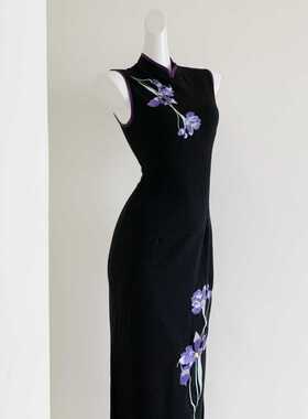 【兰妃娘2.0】东方美学国风紫色刺绣复古黑色显瘦修身港工女旗袍