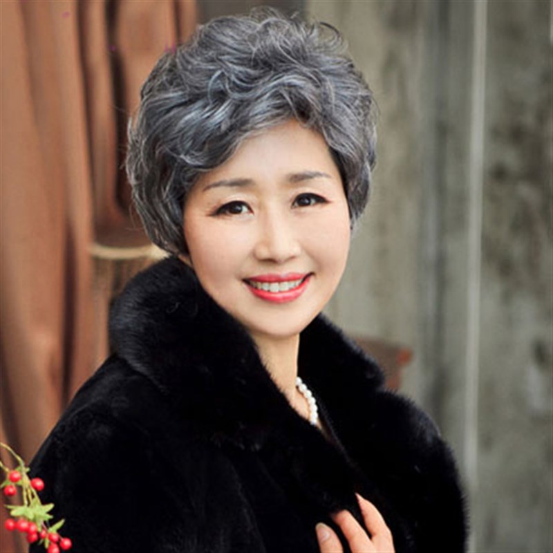 中老年头套花白色 短发短卷发 妈妈外婆 花白女发 短卷老人假发