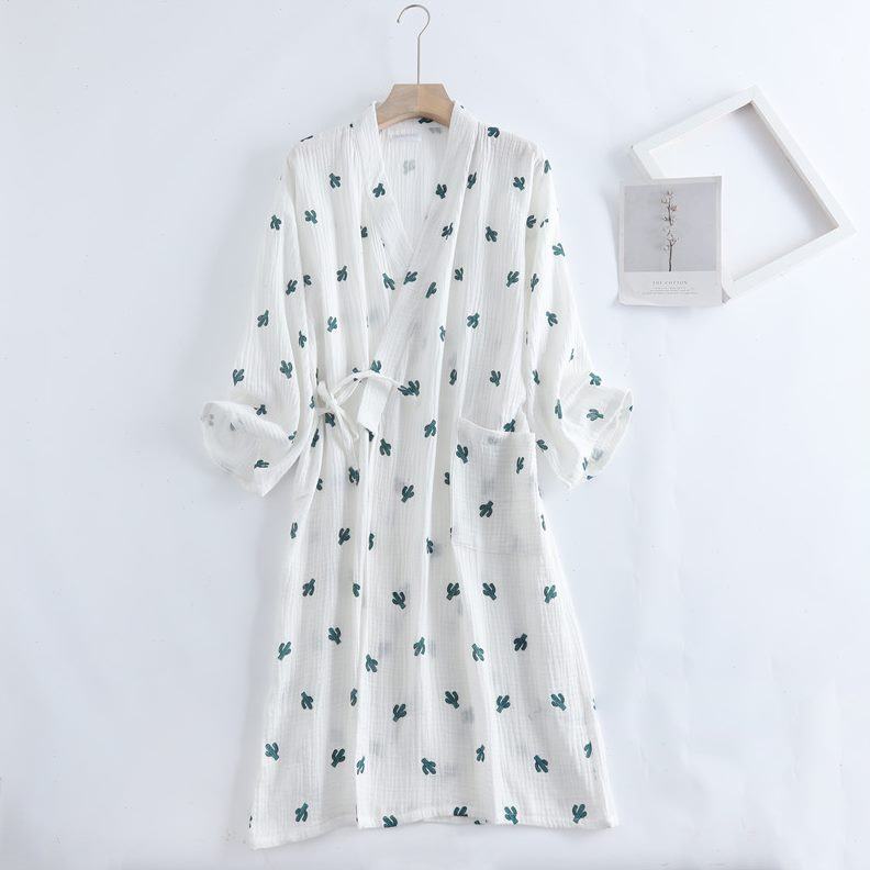 休闲春款纱布浴袍家居服简约图青睡袍/浴袍