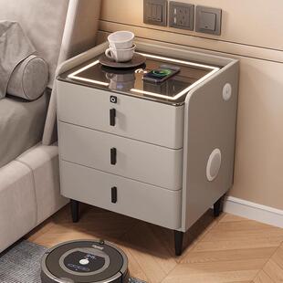 实木智能床头柜现代简约轻奢多功能插排无线充电音响指纹锁床边柜