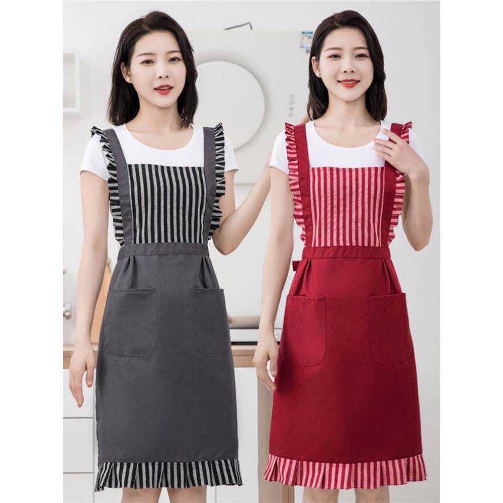 【官方正品】韩版帆布花边家用围裙厨房做饭女时尚无袖大人围腰透