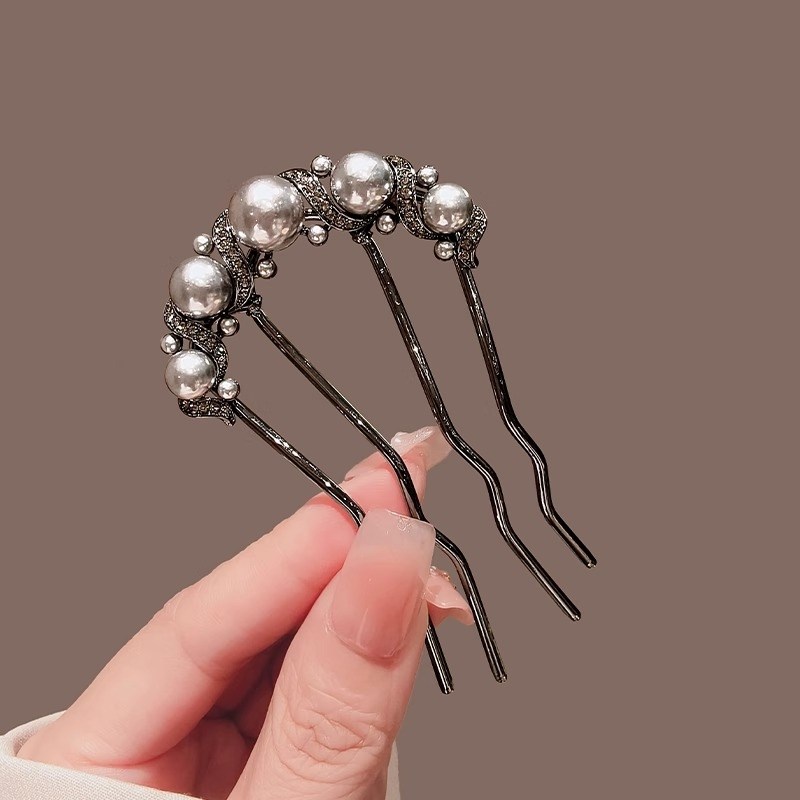 新中式丸子头发钗古风四齿插梳发卡发夹U型发簪子气质盘发器发梳