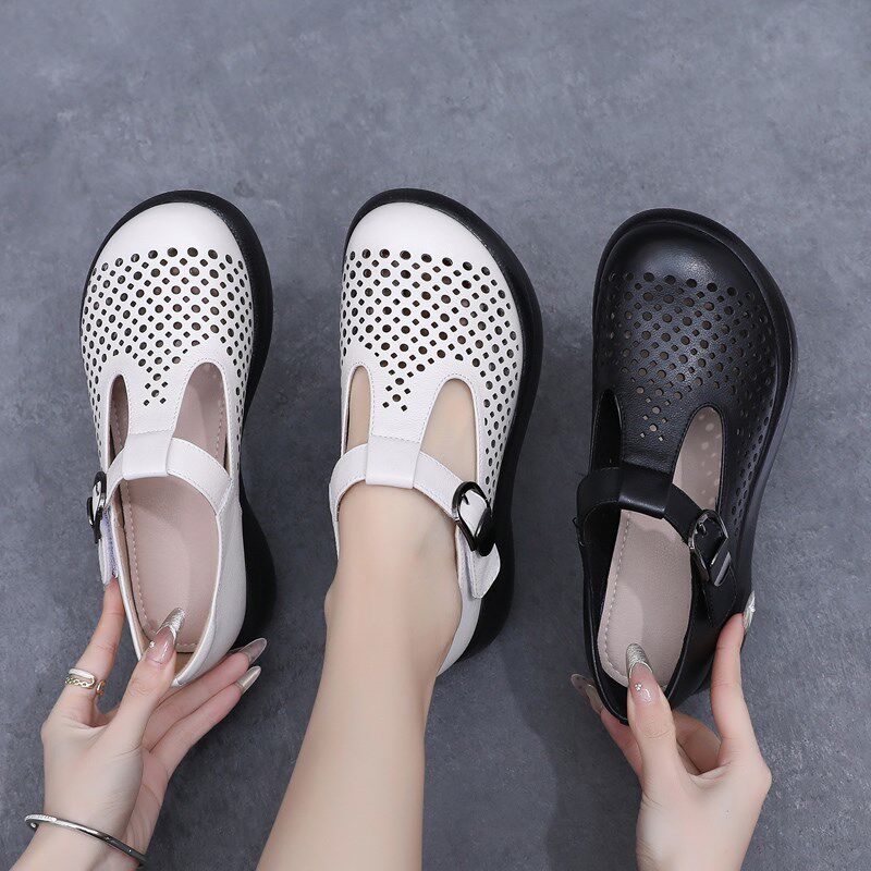 真皮镂空厚底洞洞鞋夏季大码防滑松糕鞋软底轻便妈妈鞋透气女凉鞋