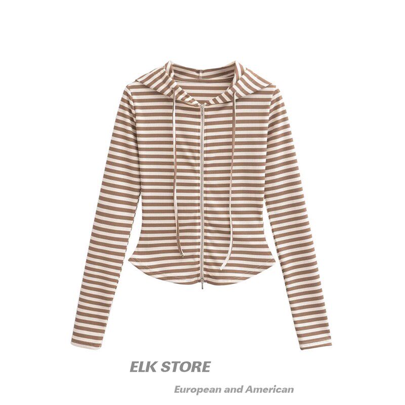 学院风复古百搭条纹针织帽衫卫衣秋季短款修身收腰拉链开衫外套