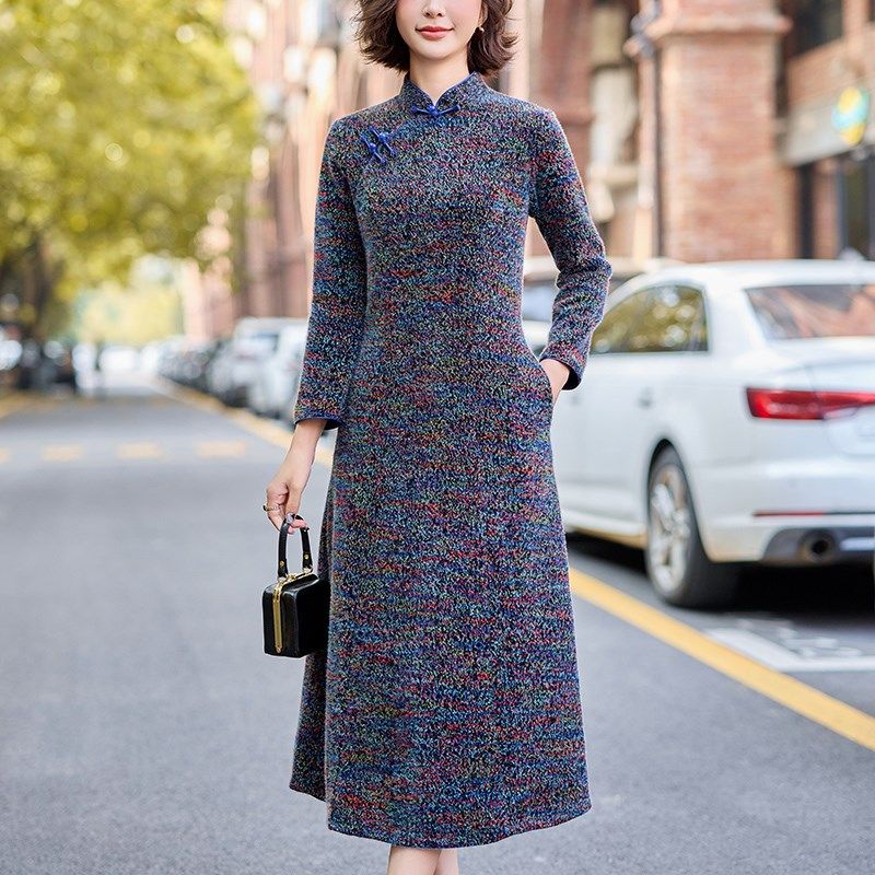 妈妈装春装旗袍长裙中老年女装秋装中年女士中国风连衣裙收腰显瘦