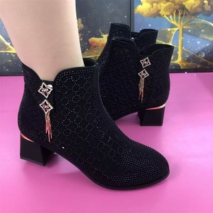 粗跟短靴女新款带钻马丁靴新款中跟法式小短靴洋气舒适加绒女士鞋