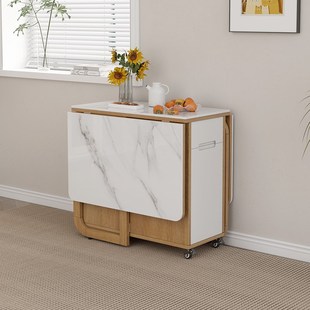 原木风岩板可折叠餐桌凳子组合小D户型家用可移动带轮储物边柜