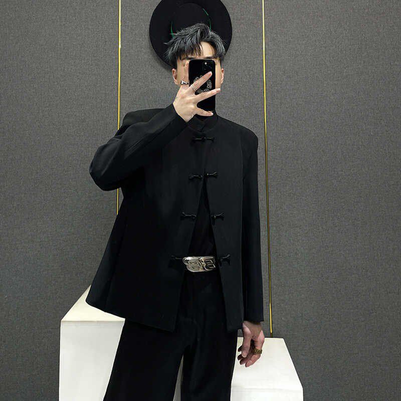 新中式立领西装外套男春秋款潮牌中国风修身盘扣西服高级感中山装