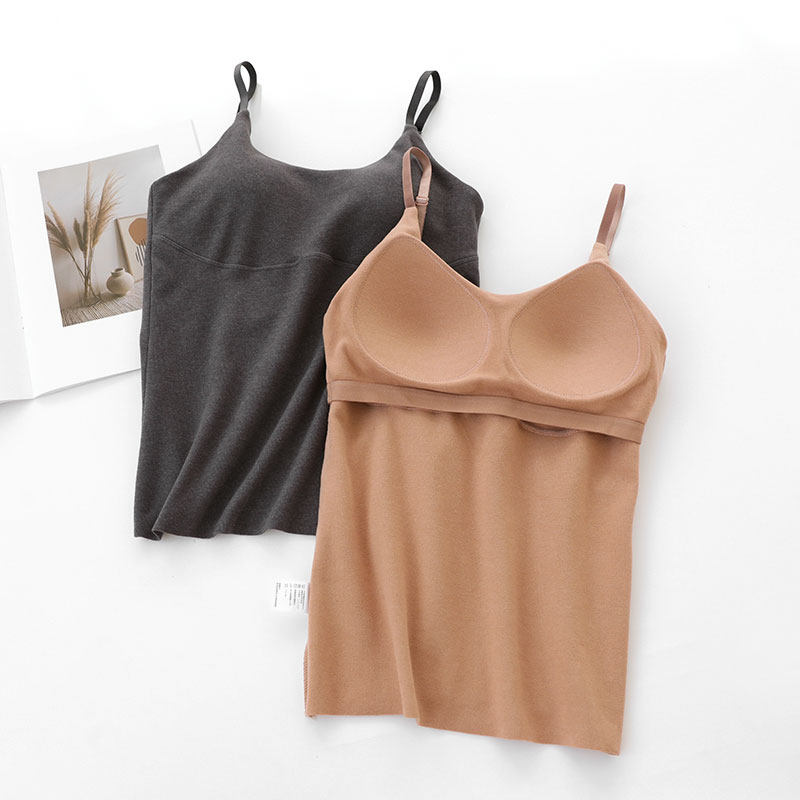 德绒带胸垫吊带背心发热衣女加绒加厚内搭冬季无痕打底上衣发热