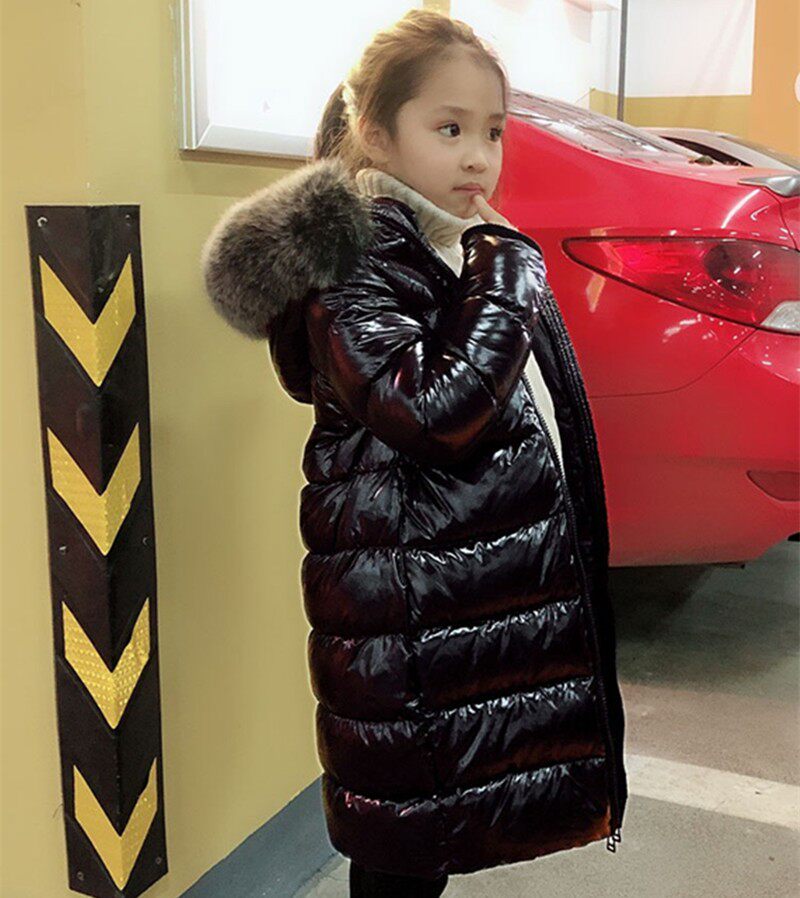 反季特卖亮面儿童羽绒服中长款过膝加厚大毛领韩版宝宝男童女童潮