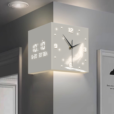 转角双面挂钟装饰画现代简约拐角时钟创意免打孔日历电子钟表挂画