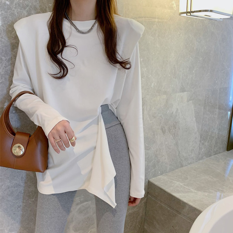 白色长袖t恤女纯棉长款遮屁股不规则开叉条纹内搭打底衫垫肩上衣