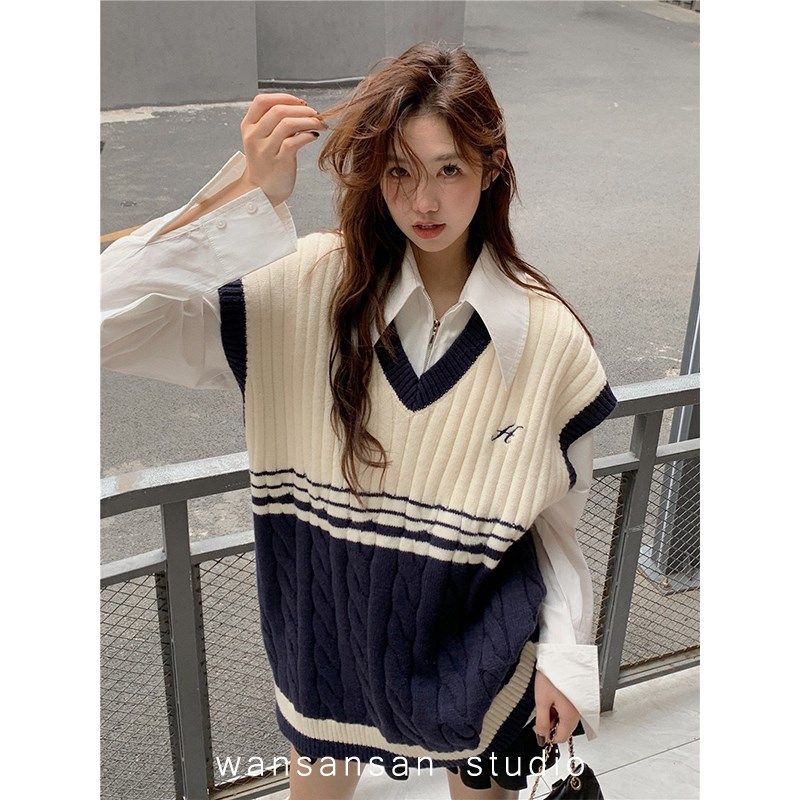 针织背心马甲女宽松慵懒风新款2022秋冬款学院风百搭毛衣H