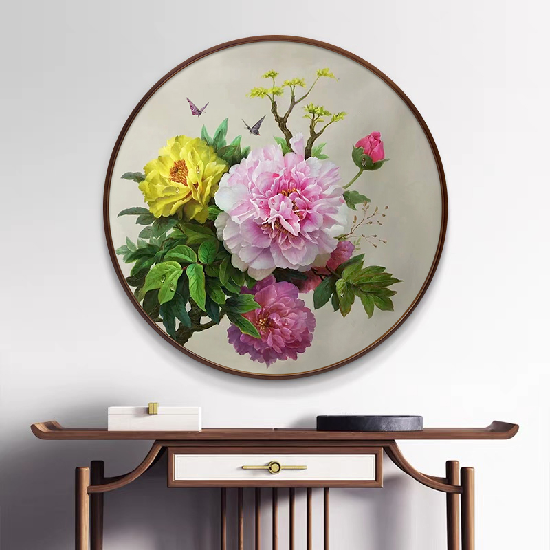 花开富贵牡丹花卉高档手绘油画z新中式玄关圆形装饰画餐厅过道挂图片