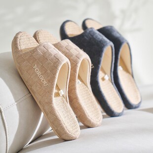 情侣厚底亚麻拖鞋女室内家居家用四E季防滑静音木地板男款春秋棉