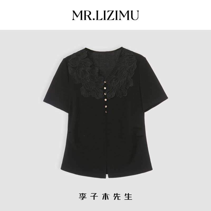 李子木2025春夏新款法式蕾丝V领短袖T恤女款修身显瘦上衣休闲小衫