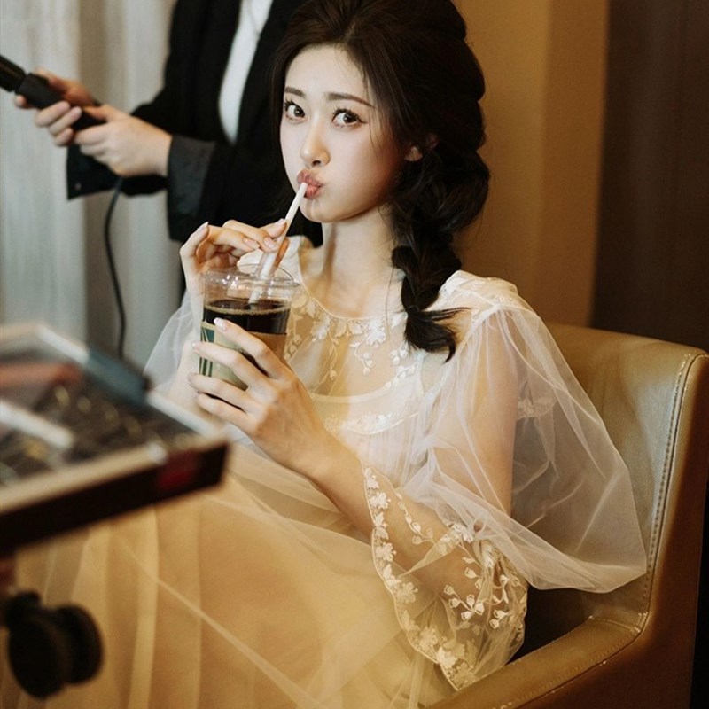 晨袍女新娘连衣裙女轻纱晨拍白色刺绣仙女礼服轻婚纱长袖高级感