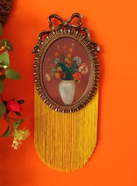 美式复古椭圆形装饰挂画创意黄色流苏卧室客厅P床头法式花卉装饰