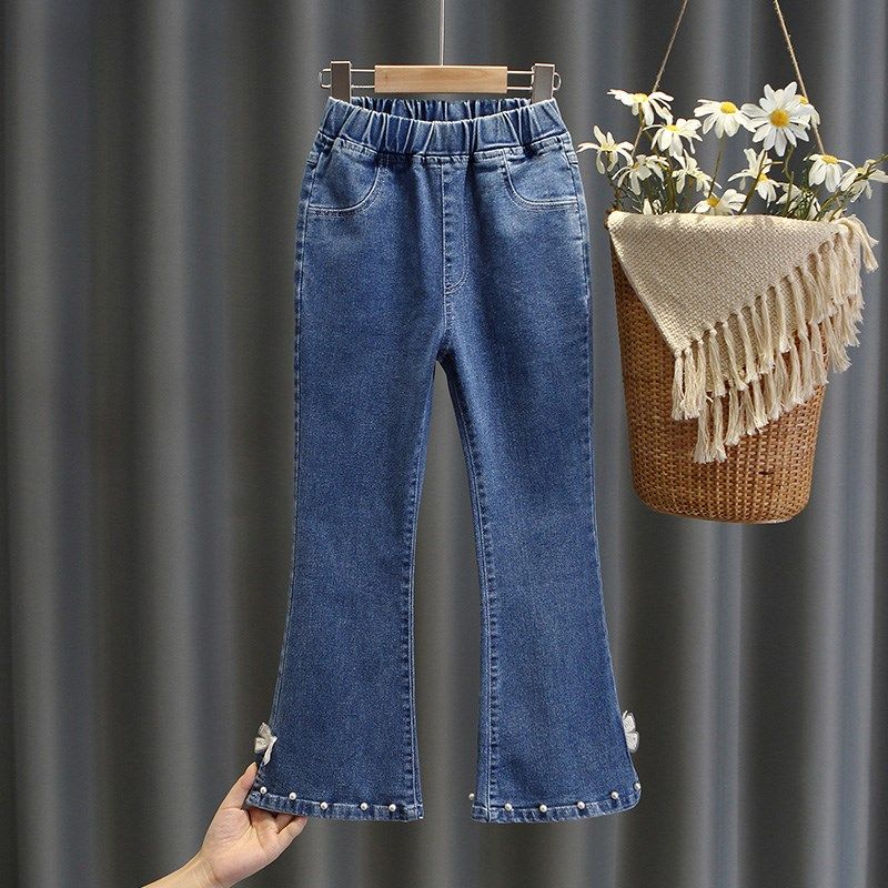 女童微喇牛仔裤春装儿童加绒喇叭裤女孩秋冬款弹力修身时髦长裤子