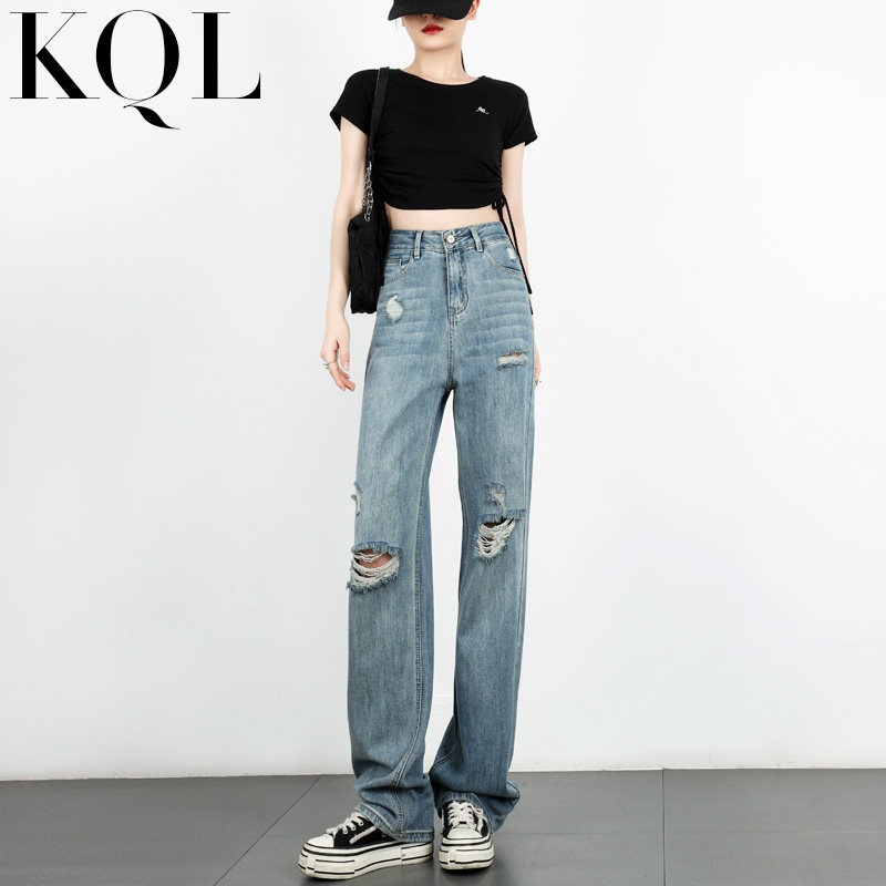 复古蓝色高腰破洞直筒牛仔裤女夏季薄款宽松阔腿裤显瘦加长拖地裤