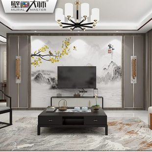 墙布背景墙现代壁布山水客厅 和卧室意境电视墙纸家壁画花鸟新中式