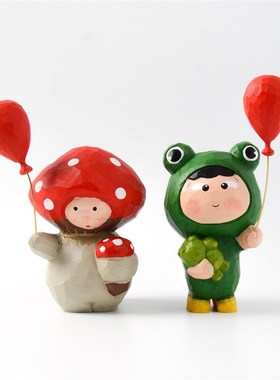 oakliving可爱手工木雕娃娃气球卡通玩偶桌面办公室摆件装饰送礼