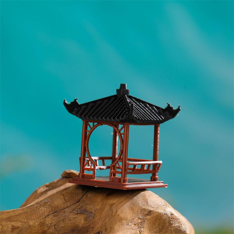 四角单层凉亭人物微景观摆件造景中式摆件盆景假山鱼缸模型