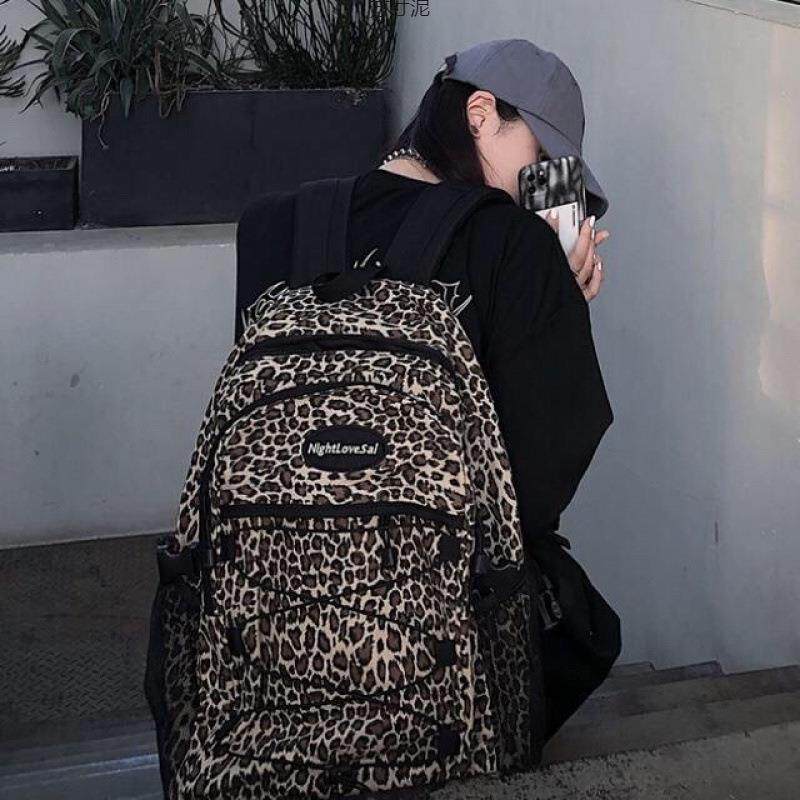 暗黑风炸街豹纹双肩包男女韩版大容量百搭休闲学生书包潮男女