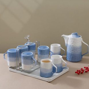 耐高温冷水壶水杯家用彩石杯子陶瓷杯纹釉下渐变蓝色客厅水 具套装