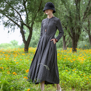 新款 长袖 全棉印花连衣裙女装 显瘦开衫 长裙 复古文艺范修身 2020秋季