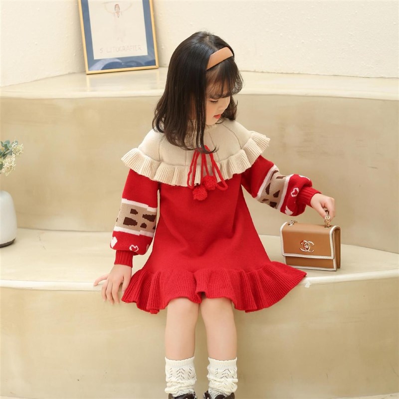 女童连衣裙2024秋冬新款红色圣诞儿童女宝宝拜年服毛衣裙新年裙子