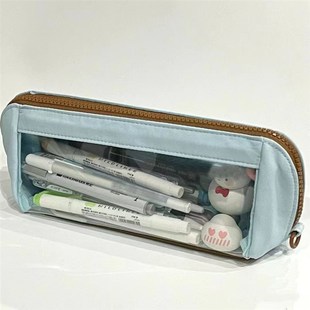 三角透明笔袋女孩中小学生不撞款可视窗蓝色尼Q龙大容量纯色文具