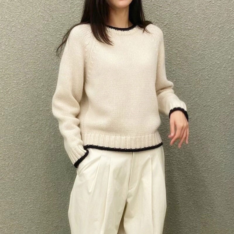 重工羊毛衫女圆领套头韩版加厚宽松羊绒拼色秋冬针织打底上衣毛衣