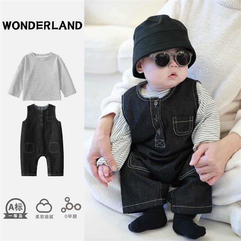 男宝宝连体衣春秋季套装婴儿衣服春装超萌婴幼儿牛仔外出爬服春款