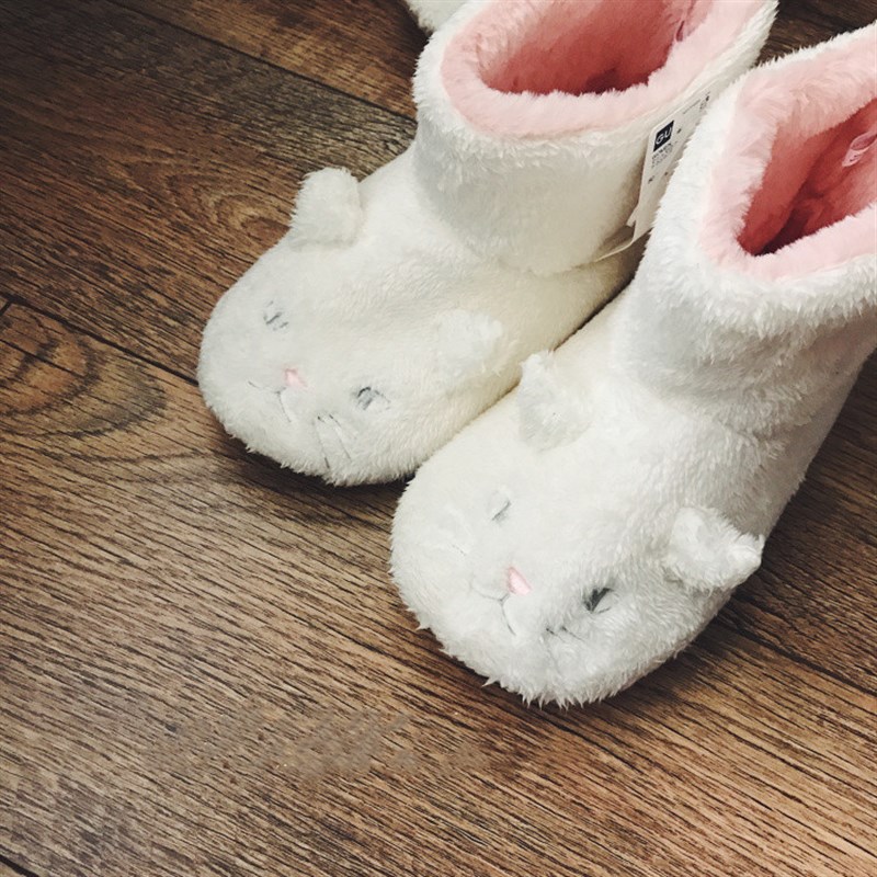 可爱猫咪棉拖鞋家居靴女月子鞋毛绒D保暖软底静音无声机洗厚底家