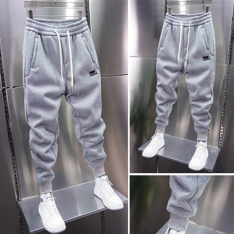 冬季加绒加厚男士卫裤潮流新款刺绣束脚运动休闲裤修身小脚哈伦裤