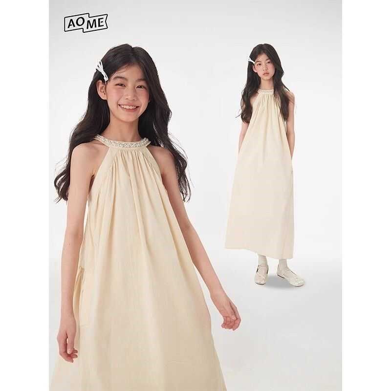 韩版宽松女童珍珠挂脖吊带连衣裙儿童无袖长裙夏宝宝公主裙子洋气
