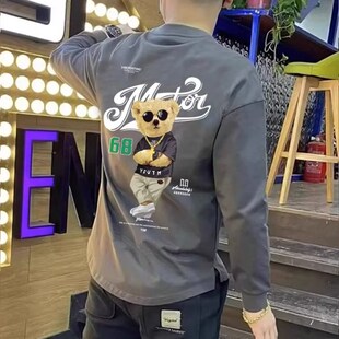 秋冬季潮流圆领卫衣男不规则开衩内搭加绒加厚卡通印花长袖打底衫