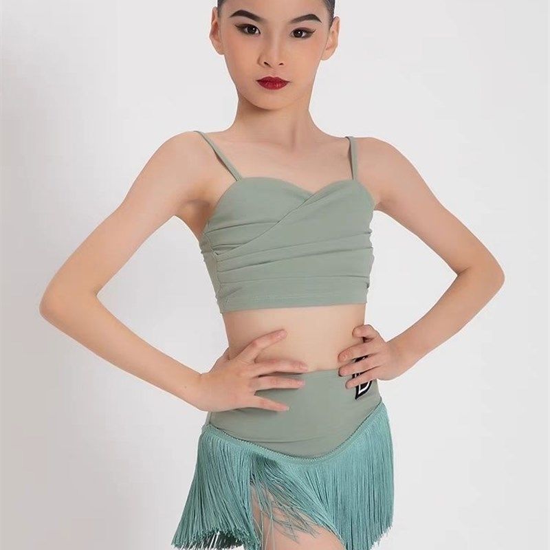 儿童拉丁舞服夏季练功服女童无袖吊带上衣流苏裙半身裙表演演出服