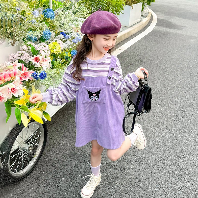 女童假两件背带裙2024新款春秋洋气儿童条纹连衣裙女宝宝秋装裙子