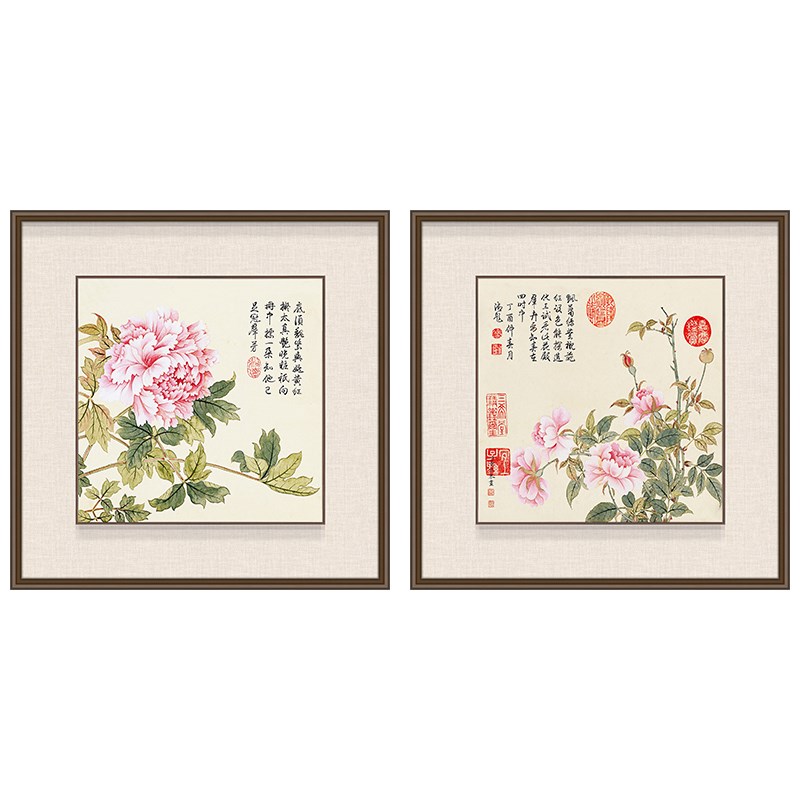 董诰没骨花卉餐厅挂画新中式客厅背景装饰画牡丹海棠酒店斗方墙画