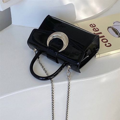 高级感月亮锁扣包女2024新款银色方形漆皮包手提包链条单肩斜挎包