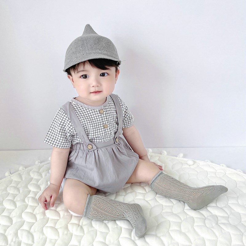 宝宝衣服夏季婴童格子短袖背带裤韩版宝宝哈衣套装包屁衣两件套