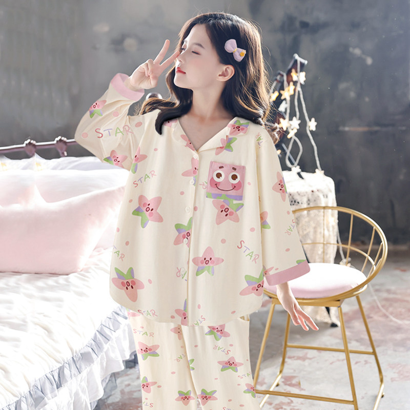 女童日系卡通可爱纯棉新款可外穿睡衣女春秋款学生长袖居家服套装