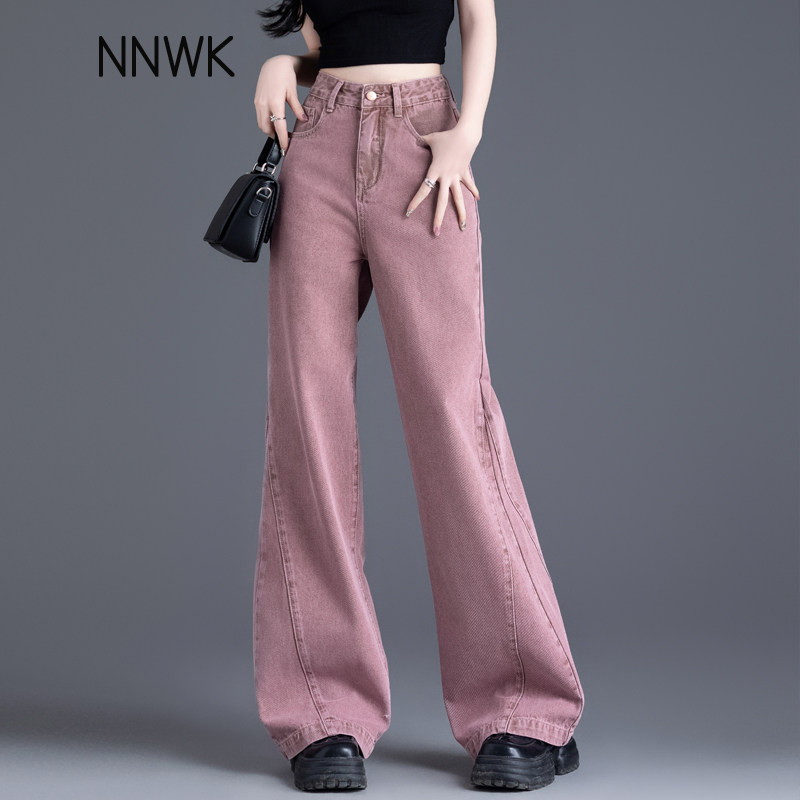 粉色微喇阔腿牛仔裤女2025年春秋季新款设计感美式高街显瘦直筒裤