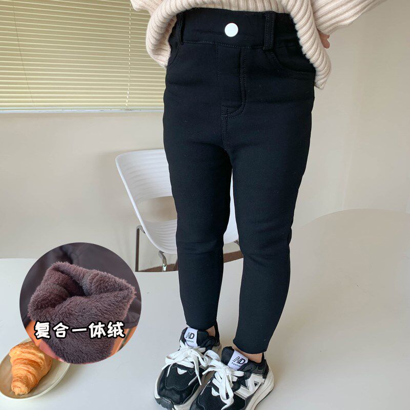 女童韩版裤子2022秋冬新款中小童加厚一体绒修身弹力黑色铅笔裤