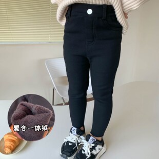 女童韩版裤子2022秋冬新款中小童加厚一体绒修身弹力黑色铅笔裤