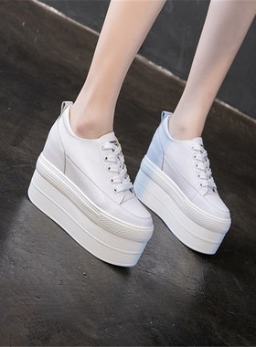 内增高女鞋小白鞋21春时尚百搭真皮低帮松糕厚底增高12cm黑色鞋子