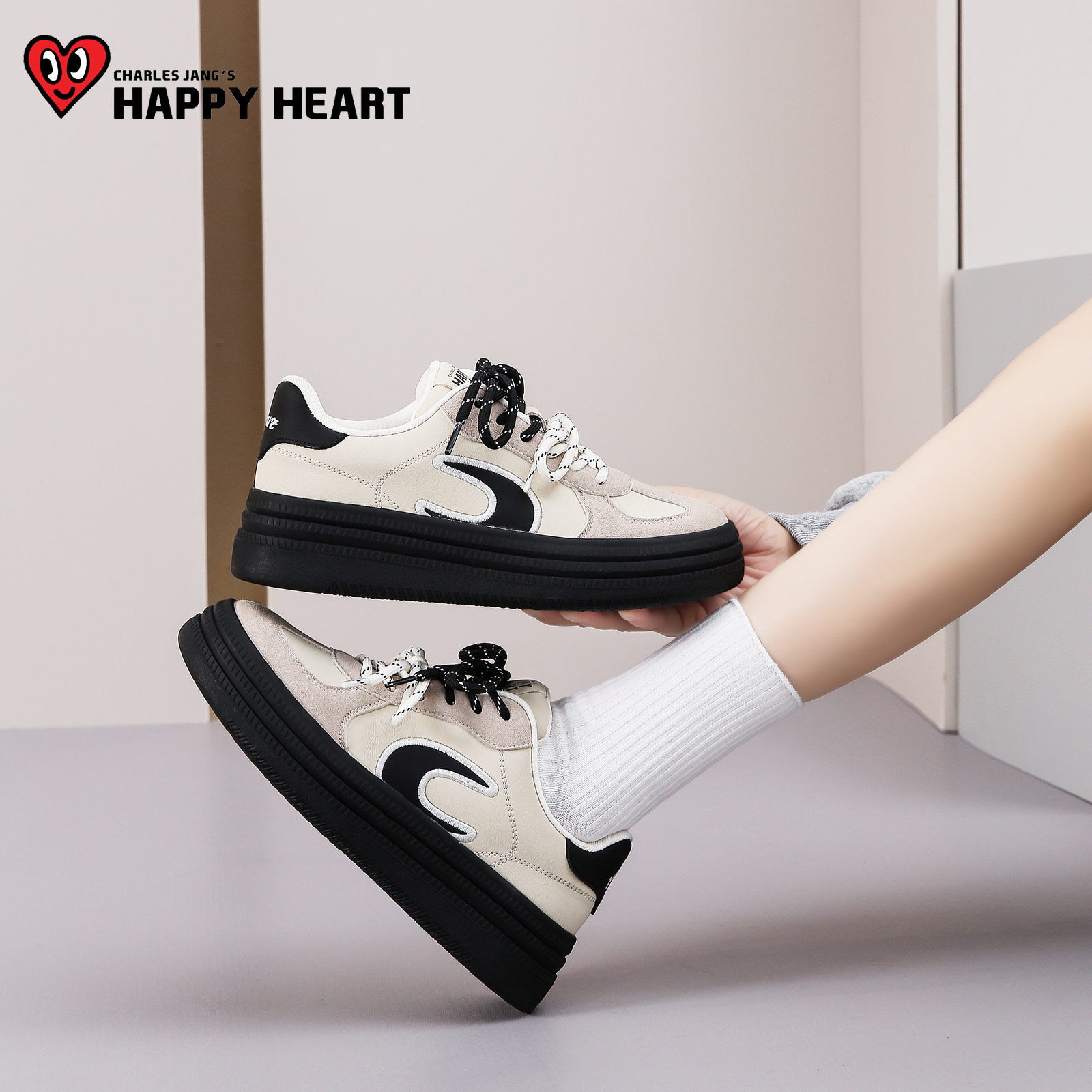 查尔斯桃心女款双鞋带德训鞋2025超火秋季新款百搭厚底增高休闲鞋